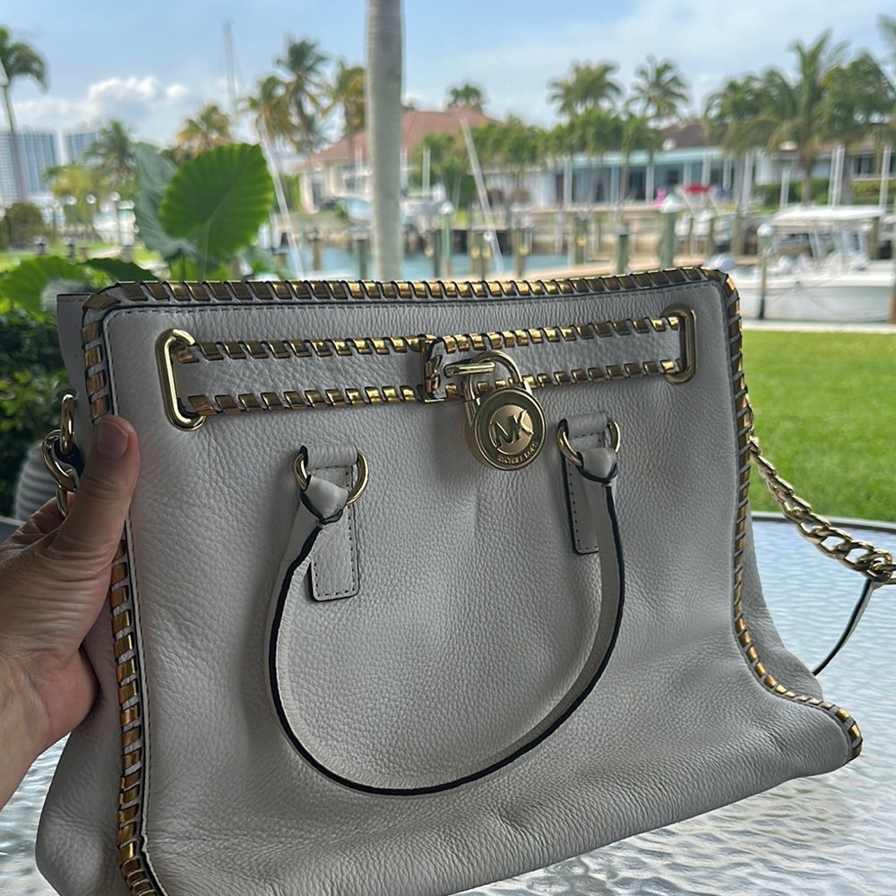 Michael Kors White Leather Handbag with Gold Accents